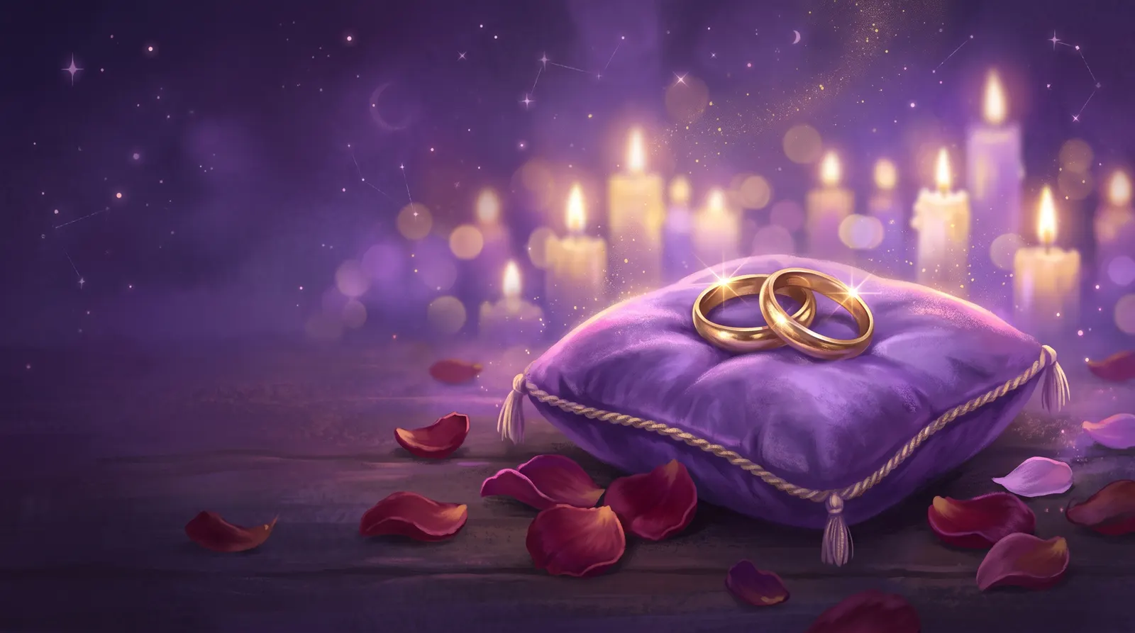 Dois anéis dourados entrelaçados sobre uma almofada de veludo com pétalas de rosa, iluminados por velas