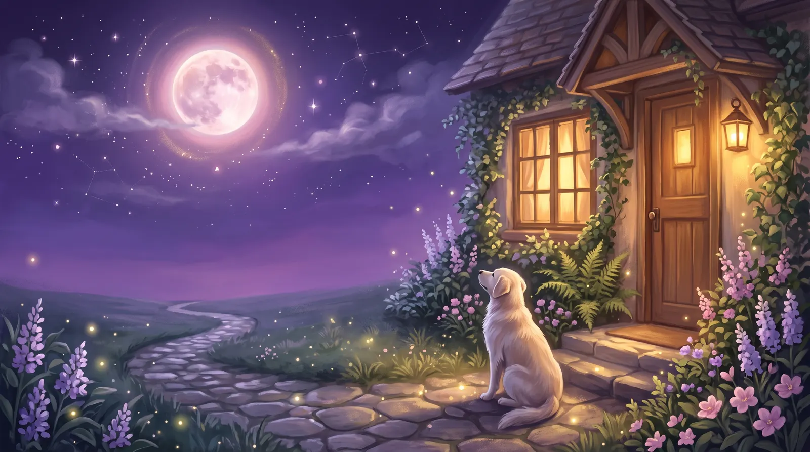 Cachorro sentado diante da porta iluminada de uma casa, olhando para a lua em uma noite estrelada