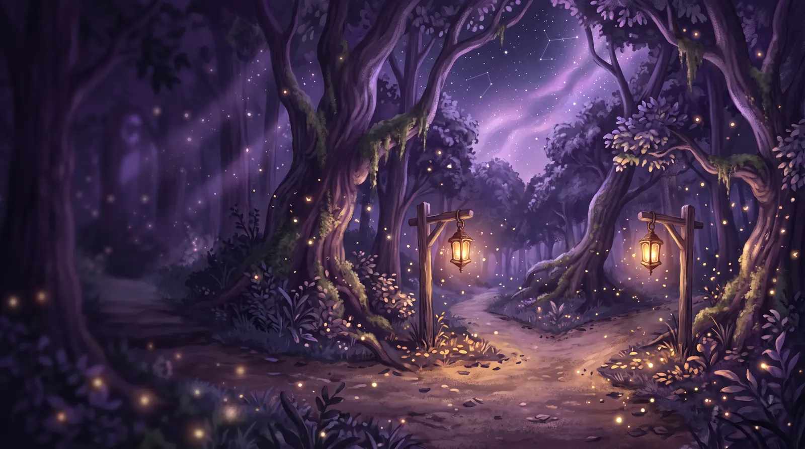 Encruzilhada de dois caminhos em um bosque à noite, cada um iluminado por uma lanterna, sob o céu estrelado