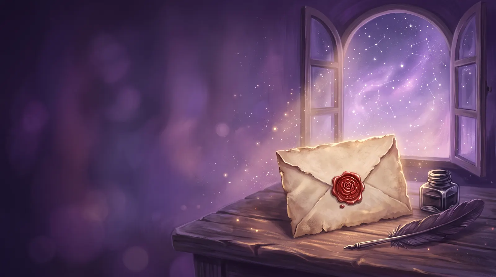 Envelope antigo lacrado com selo de cera vermelho em forma de rosa, ao lado de uma pena e um tinteiro sob a luz das estrelas