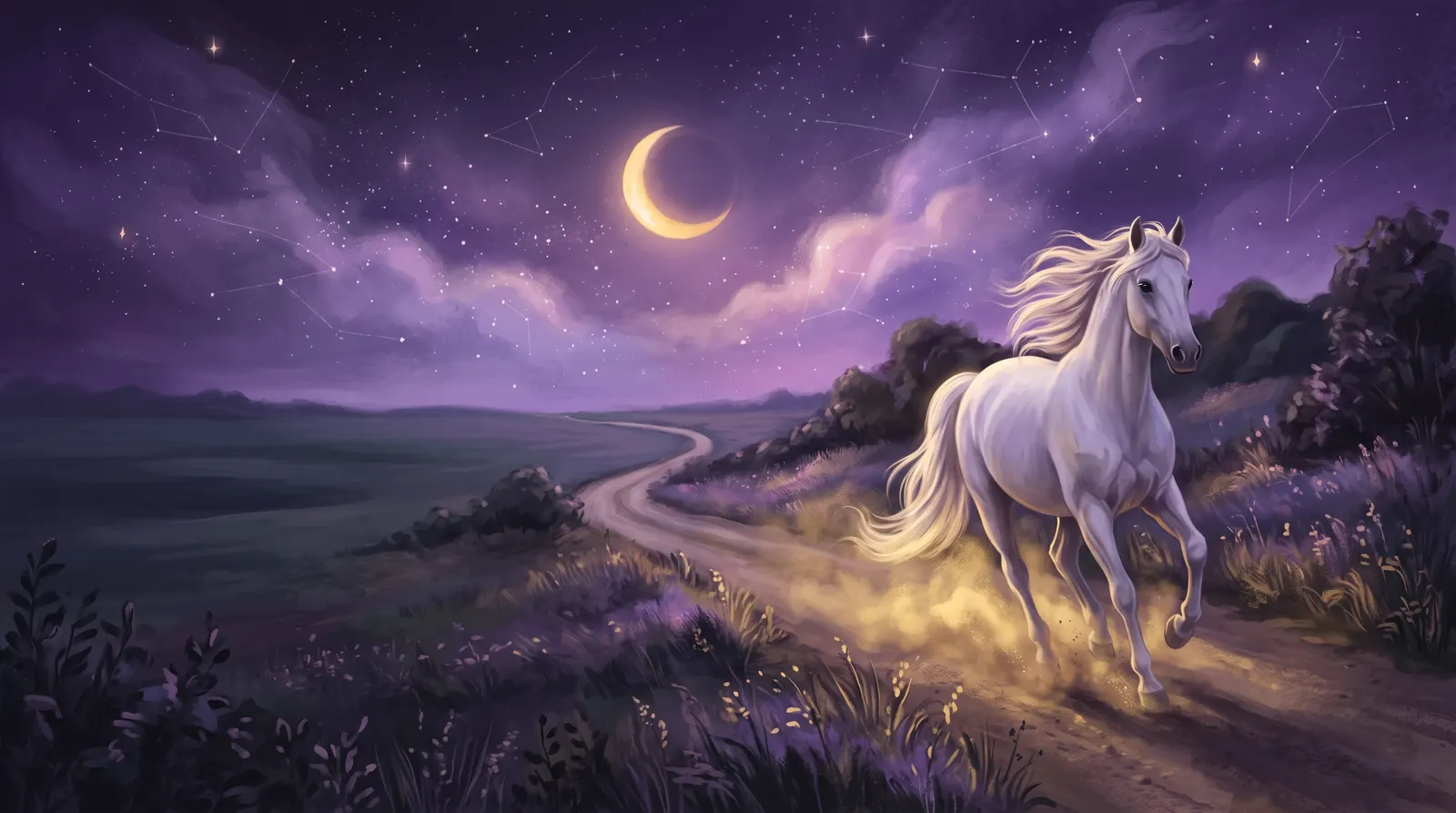 Cavalo branco galopando por uma estrada sob um céu estrelado, levantando poeira dourada