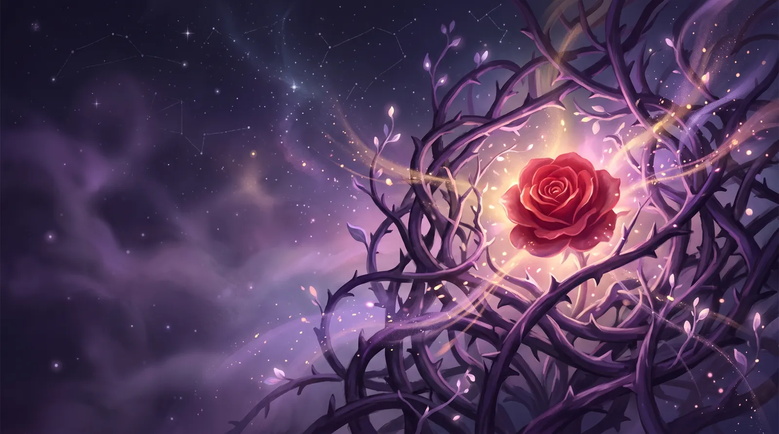 Ramos de espinhos se abrindo e libertando uma rosa que desabrocha sob um céu estrelado