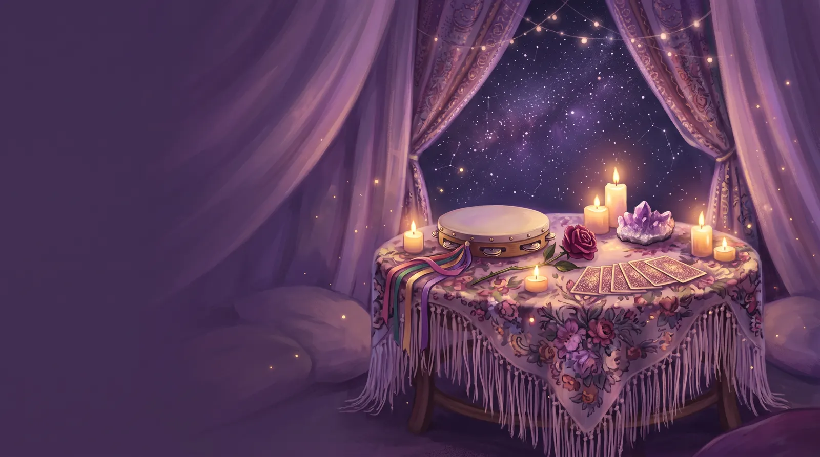 Mesa coberta por um xale florido com um pandeiro de fitas coloridas, uma rosa vermelha, um cristal e cartas, sob a luz de velas e das estrelas