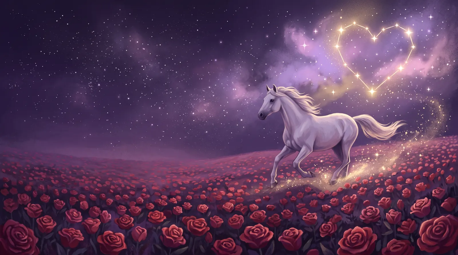 Cavalo branco galopando por um campo de rosas vermelhas em direção a uma constelação em forma de coração no céu noturno
