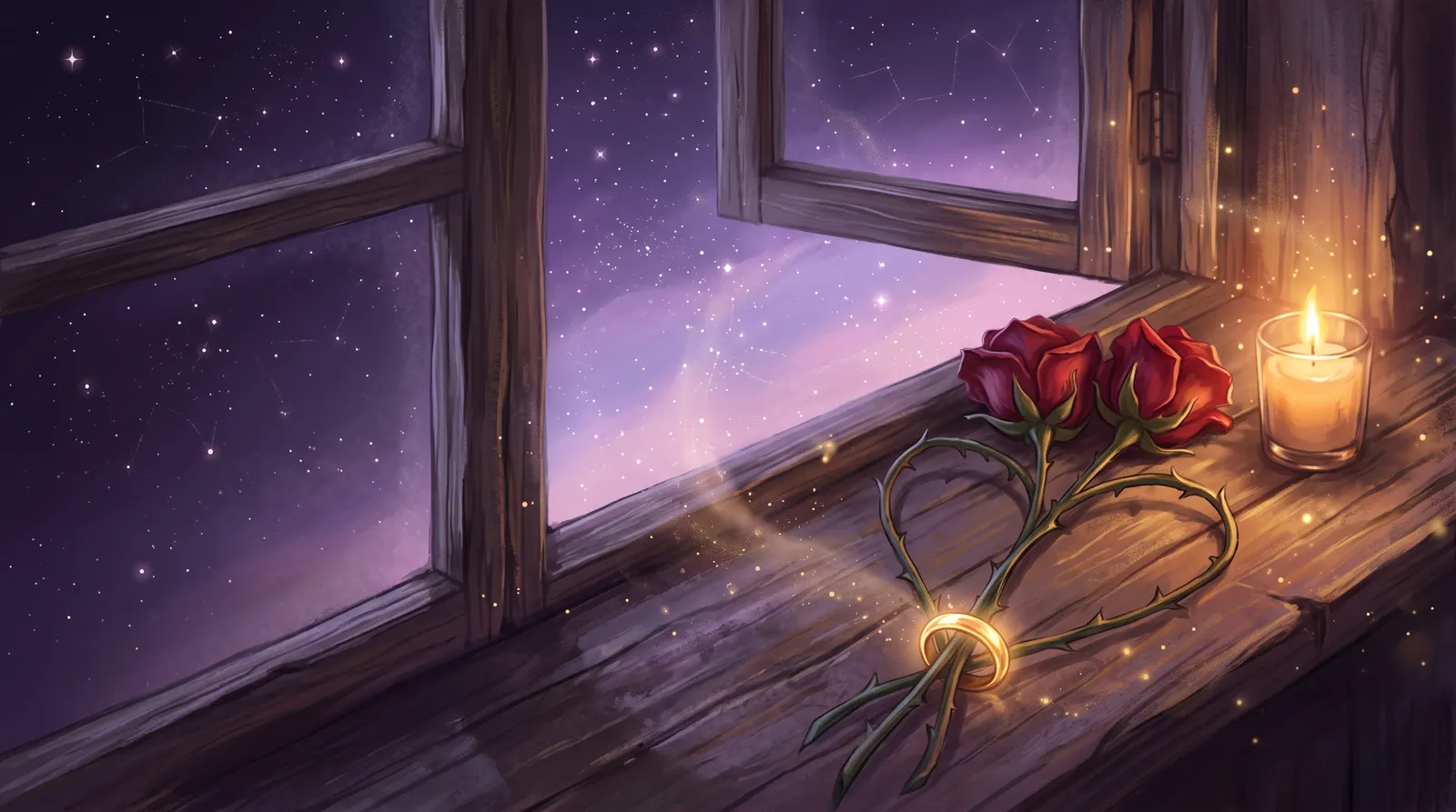 Duas rosas vermelhas com os caules entrelaçados por um anel dourado, sobre o parapeito de uma janela antiga, sob a luz de velas e das estrelas