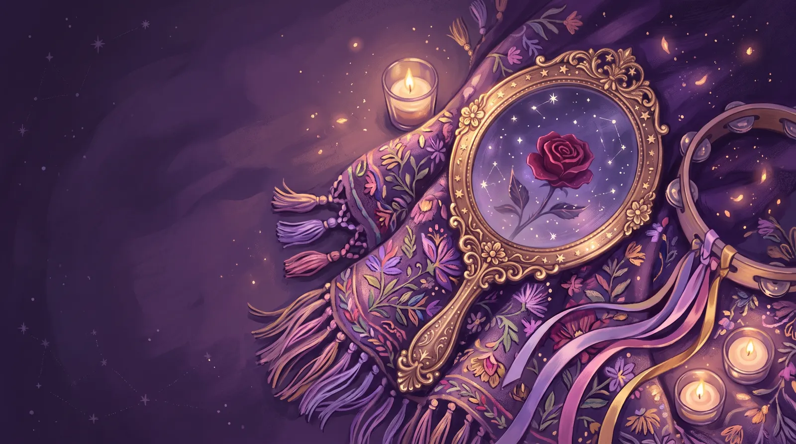 Espelho de mão com moldura dourada sobre um xale florido, refletindo uma rosa vermelha e as estrelas, ao lado de um pandeiro de fitas