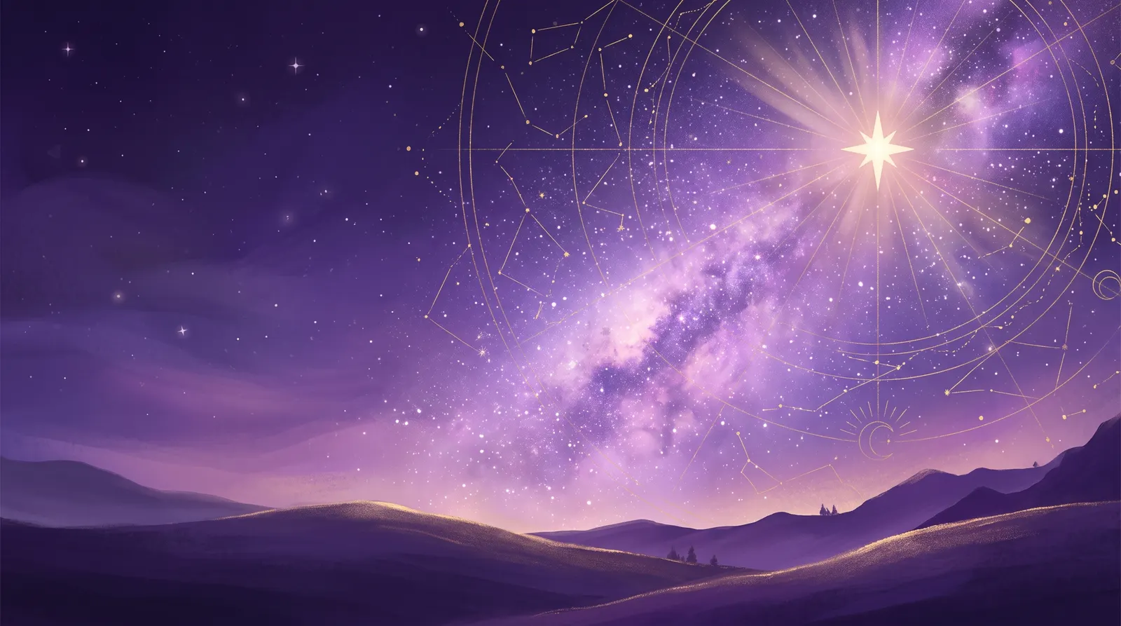 Céu noturno intenso cheio de estrelas e constelações, com uma estrela-guia brilhando sobre colinas