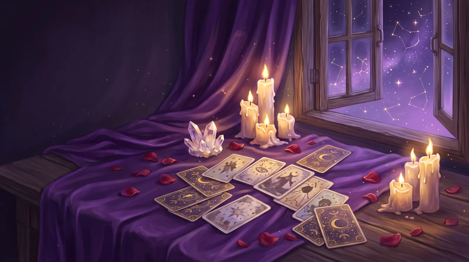 Mesa com cartas do baralho cigano espalhadas sob a luz de velas e um céu estrelado
