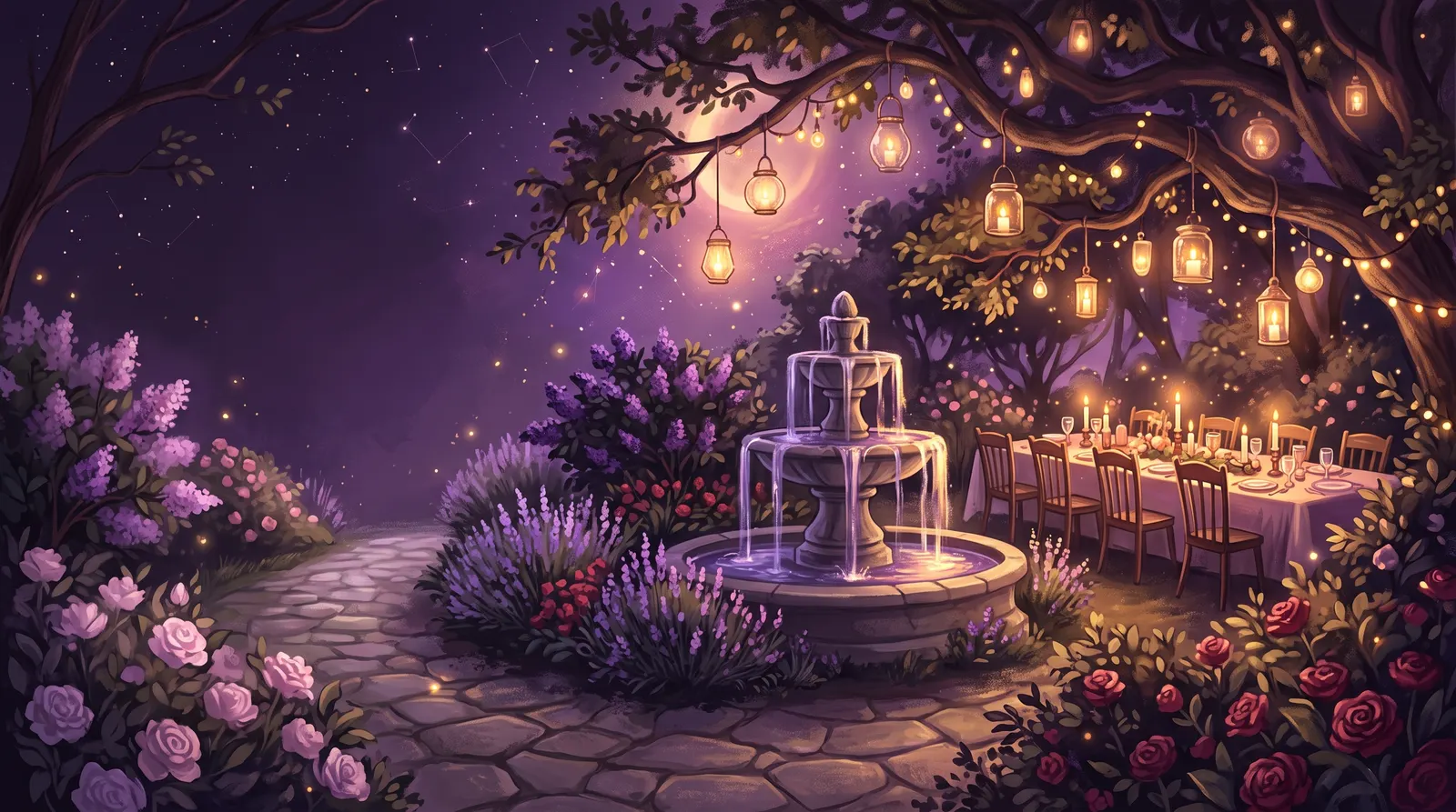 Jardim florido à noite com lanternas penduradas nas árvores, uma fonte e um caminho de flores sob as estrelas