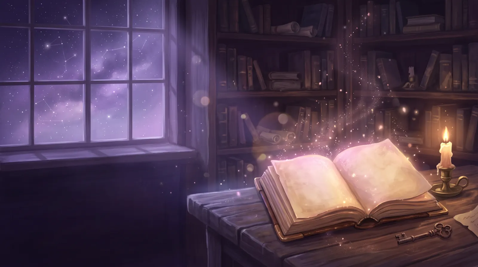 Livro antigo aberto com páginas brilhando em luz dourada sobre uma mesa com vela e uma chave antiga