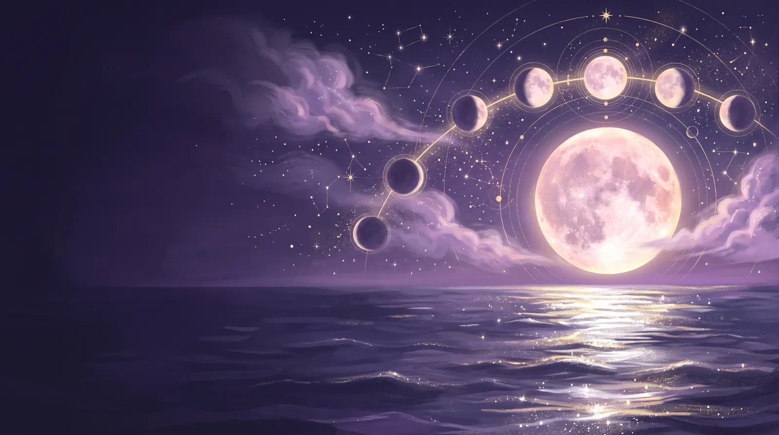 Lua cheia sobre o mar com as fases da lua desenhadas em arco no céu estrelado