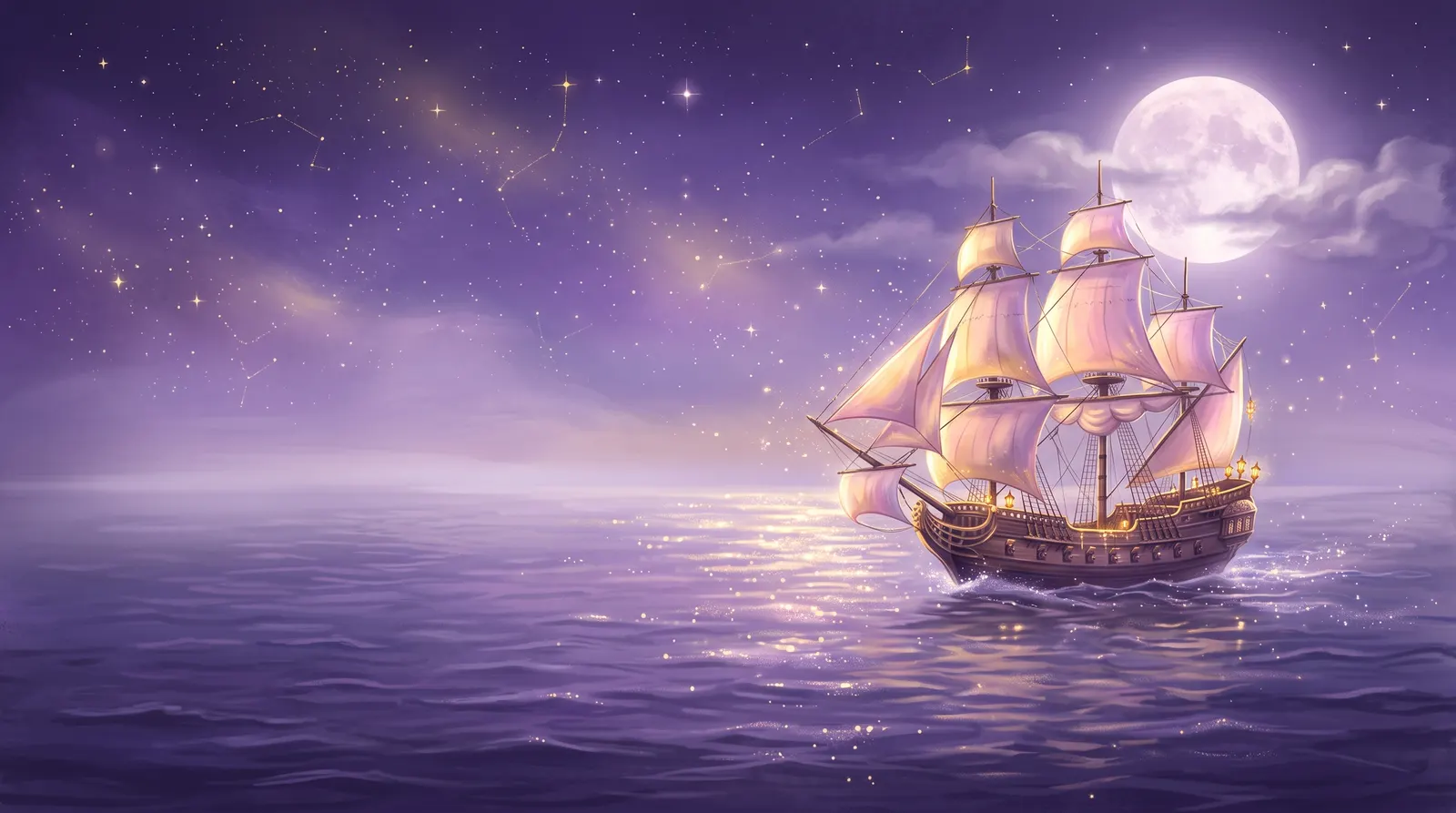 Navio de velas navegando em mar calmo sob um céu estrelado e lua cheia
