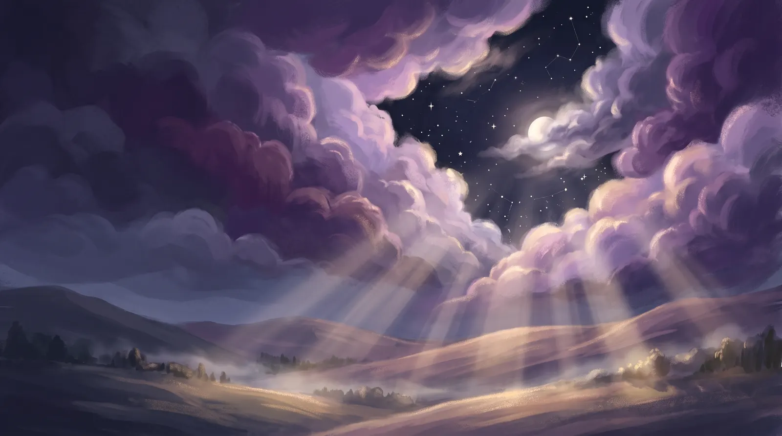 Nuvens noturnas se abrindo e revelando um céu estrelado com a luz suave da lua