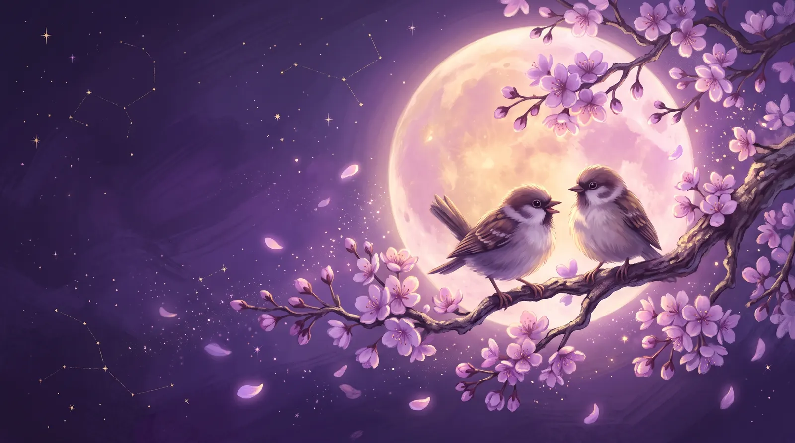 Dois pássaros pousados juntos em um galho florido, sob a lua e um céu estrelado