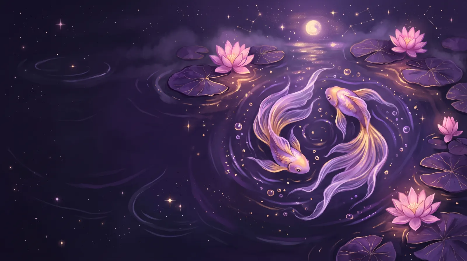 Dois peixes dourados nadando juntos em um lago com flores de lótus, refletindo a lua e as estrelas