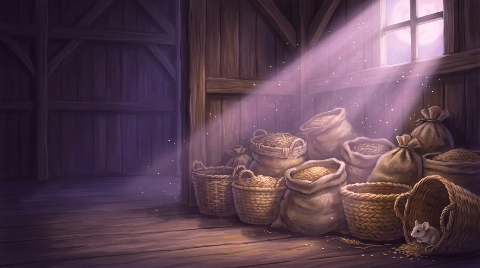 Interior de um antigo celeiro à noite com sacas de grãos, luz da lua pela janela e um pequeno rato discreto em um canto