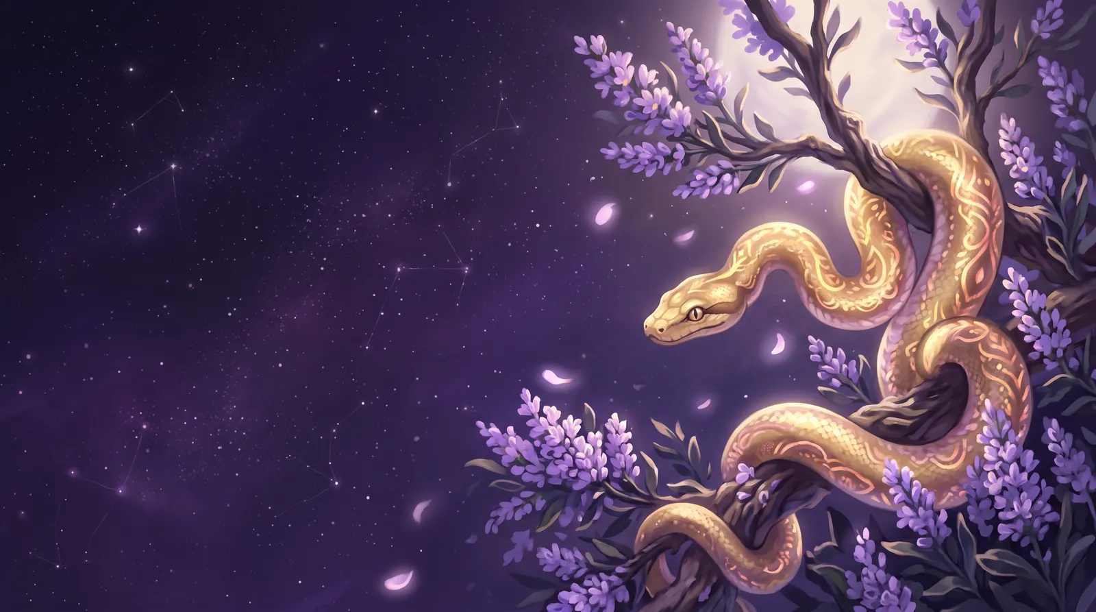 Serpente dourada enrolada em um galho florido sob a luz da lua, com olhar atento e sereno