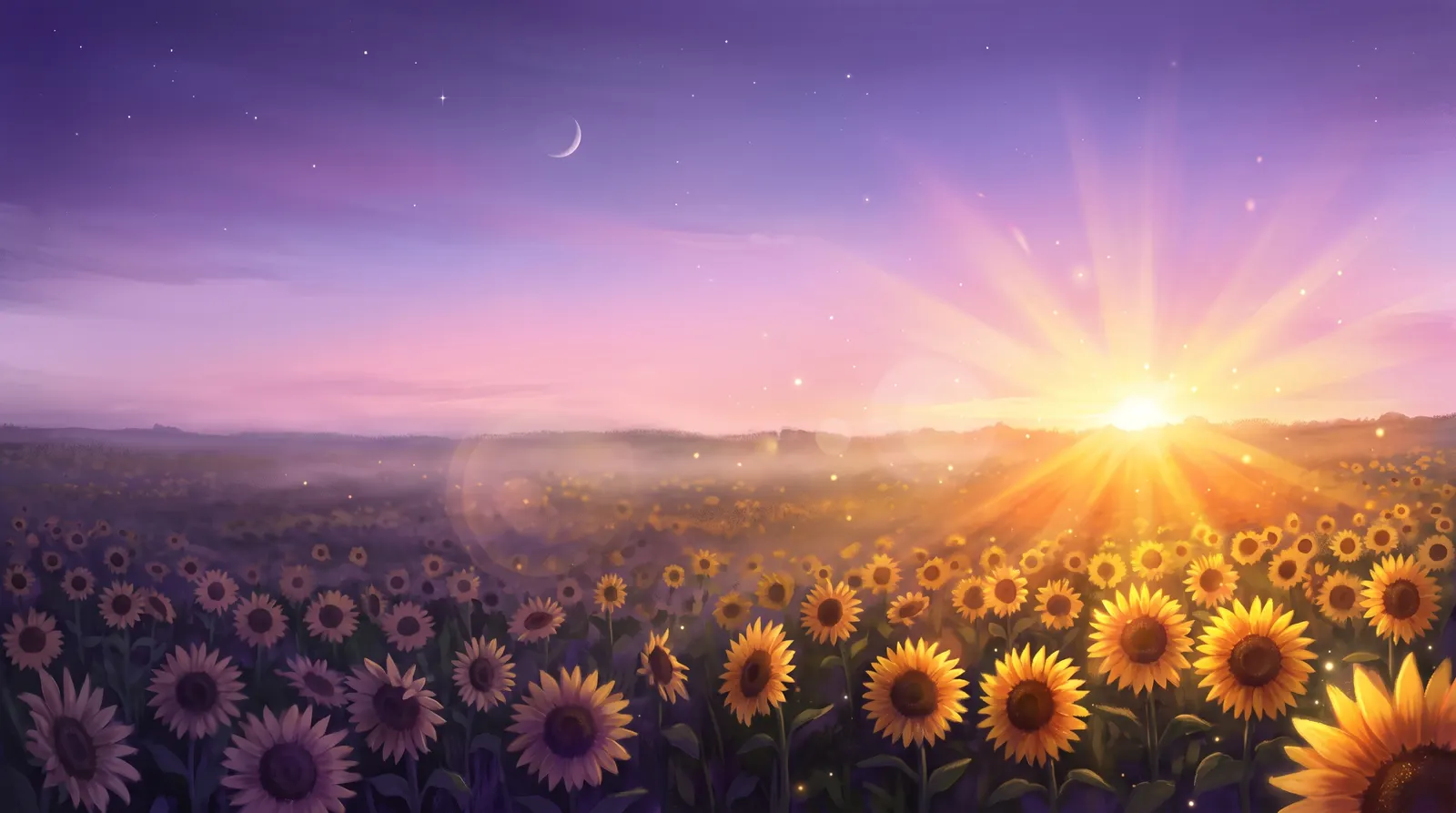 Sol nascendo no horizonte sobre um campo de girassóis, enquanto as últimas estrelas desaparecem no céu lavanda