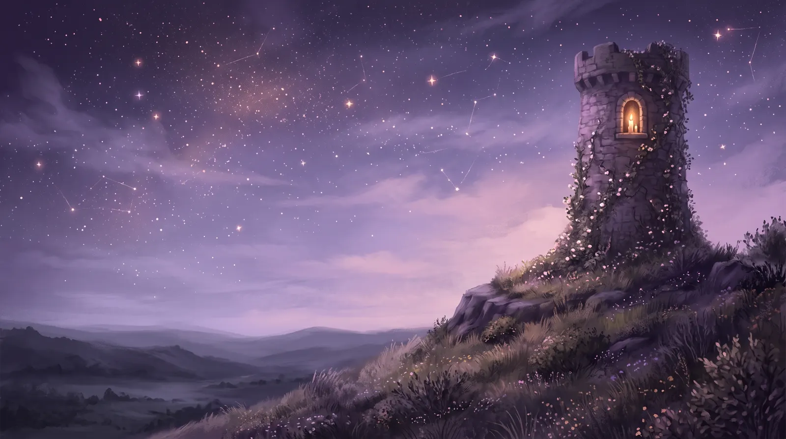 Torre de pedra antiga no alto de uma colina com uma única janela iluminada sob um céu estrelado