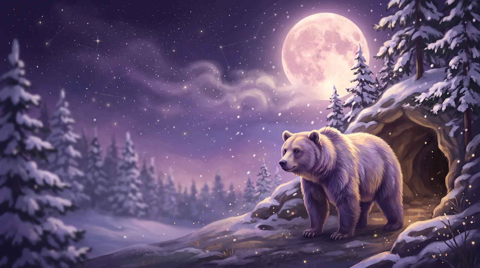 Urso pardo majestoso em pé à beira de uma floresta de pinheiros, sob um céu estrelado e lua cheia
